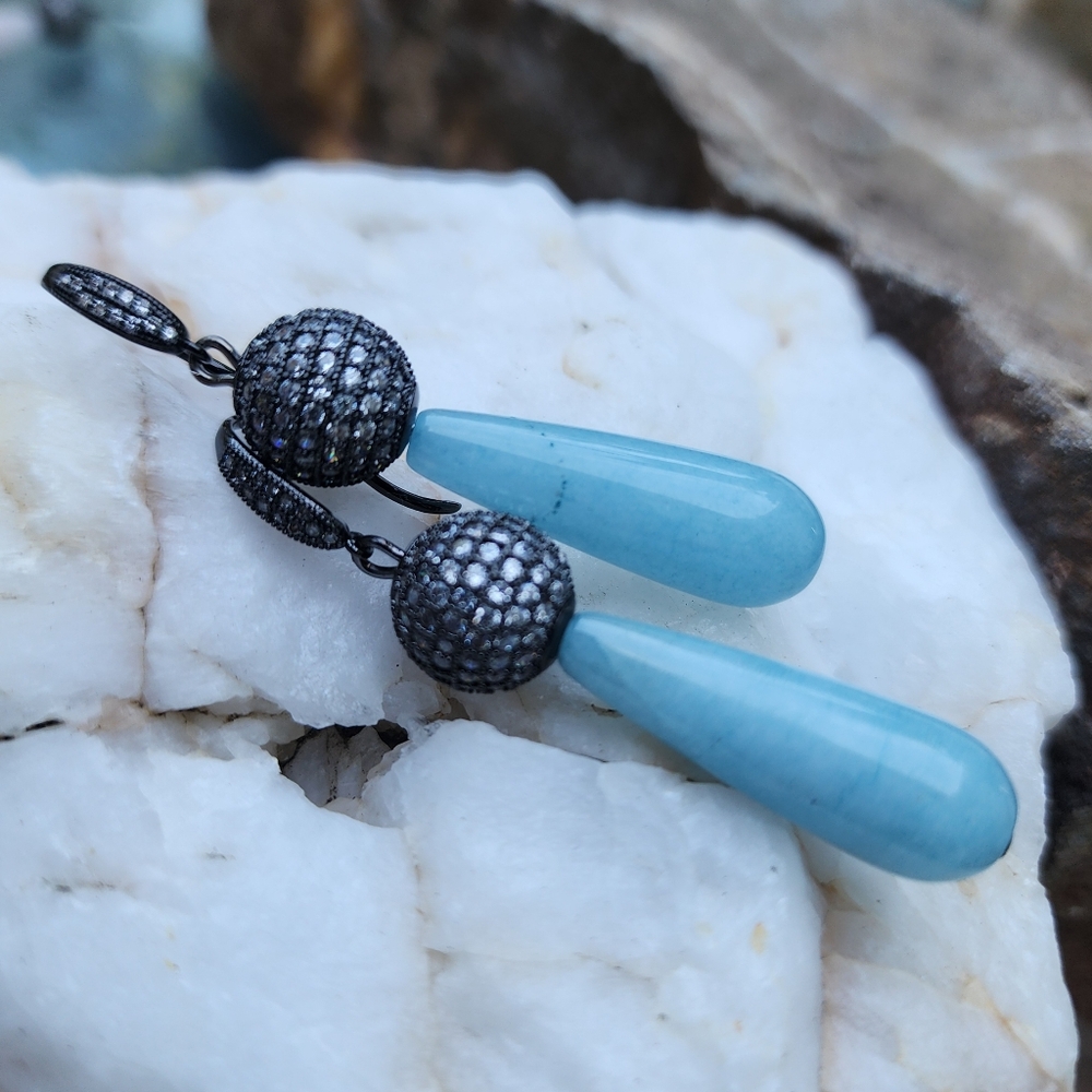Black Rhodium Natural Amazonite Earrings Diamond Cut White Topaz Ball